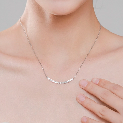 Collana Argento Sterling 925 Barra Curva Sorriso Pavé Zirconia Gioielli Eleganti Minimalisti Donne Catena Clavicola