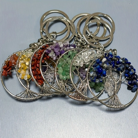 Handmade Wire Wrapped Tree Of Life Keychain Pendant Natural Crystal Stone Healing Reiki Spiritual Bohemian Jewelry