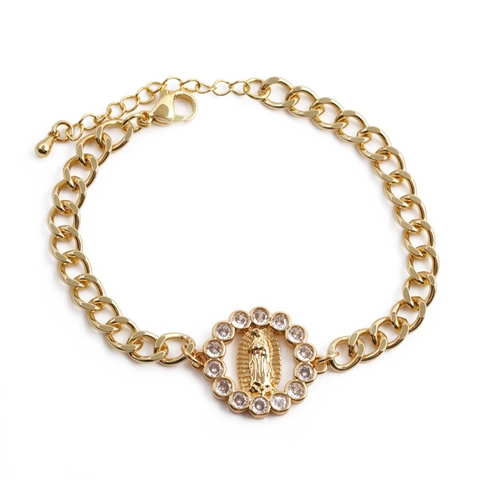 Bracciale In Rame Placcato Oro Bohemien Con Pendente Vergine Maria In Zircone Catena Cubana Regolabile Per Donne Religioso