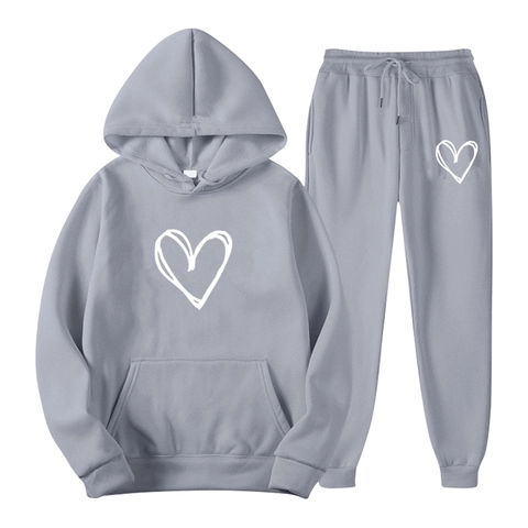 Sweat À Capuche Et Pantalon De Jogging Mélange Polyester Coton Imprimé Cœur Manche Longue Poche Kangourou Survêtement Homme