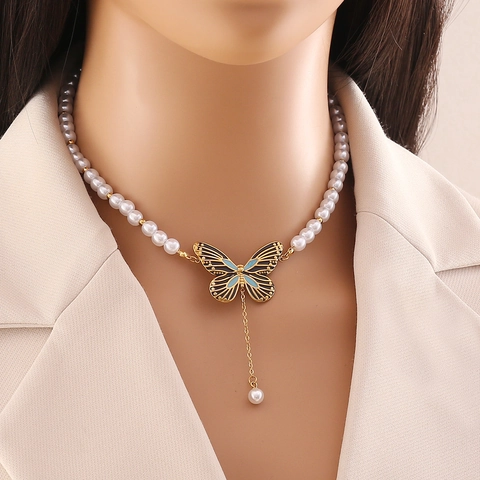 Collana Con Pendente A Farfalla Acciaio Inossidabile Imitazione Perla Artificial Smalto Nappa Gioielli Di Moda Eleganti Da Donna