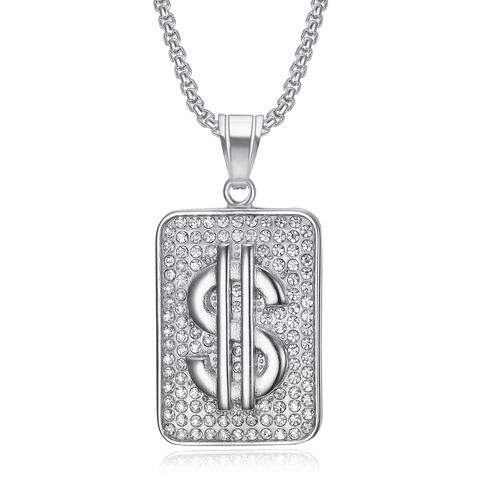 Collana con Ciondolo Simbolo Dollaro USD in Acciaio Inossidabile Hip Hop Strass Catena Box Gioielli per Uomo Donna Oro Argento