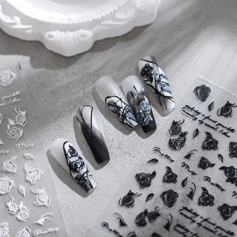 3D Relief Nagelkunst Aufkleber Geprägte Selbstklebende PET Decals Blumen Rose Cartoon Muster Elegante Süße Maniküre Dekoration