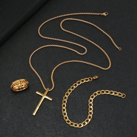 Stainless Steel Cross Pendant Necklace Bracelet And Ring Jewelry For Men Women Electroplated Roman Numeral Pattern Accessories