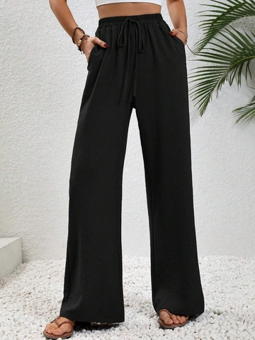 Damen High Waist Weites Bein Hose Einfarbig Kordelzug Hose Locker Lässig Gerade Hose Mit Taschen Für Sommer