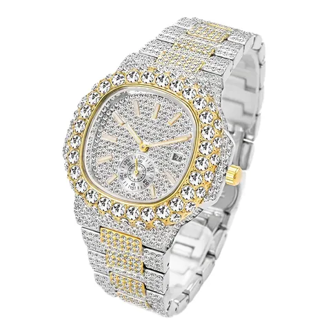 Luxury Men Iced Out Square Quartz Watch Waterproof Luminous Calendar Hip Hop Fashion Rhinestone Embellished Analog Wrist Watch