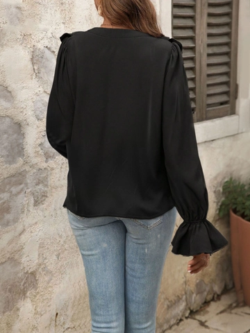 Blusa Elegante Para Mujer Con Cuello En V Y Volantes Color Negro Liso Manga Larga Poliéster Spandex Camisa
