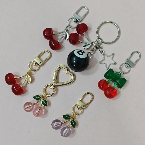 Cherry Billiard Ball Keychain Metal Alloy Resin Fruit Bag Charm Cute Street Style Accessories For Women Girls