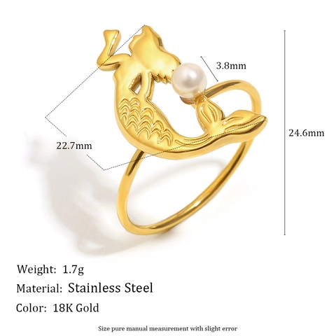 Anello Sirena Con Perla Artificial Acciaio Inossidabile Placcato Oro 18K Tema Oceano Forma Animale Gioielli Di Moda Regalo Donna