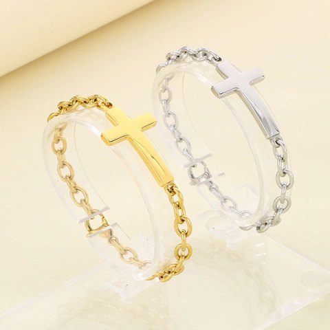 Kreuz Anhänger Armband Edelstahl Polierte Gliederkette Religiöser Stil Mode Schmuck Geschenk Für Damen Und Herren