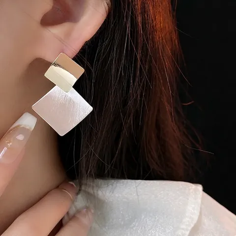 Orecchini A Lobo Quadrati Geometrici Con Perno In Argento Bicolore Oro Argento Spazzolato Lucido Minimalista Per Donna