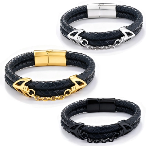 Bracciale In Pelle Intrecciata Da Uomo Doppio Filo Ancora In Acciaio Inossidabile Chiusura Magnetica Stile Punk Vintage