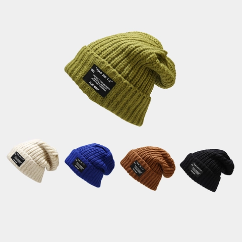 Vintage Ribbed Knit Beanie Hat Acrylic Warm Winter Slouchy Cap With Letter Patch For Men And Women