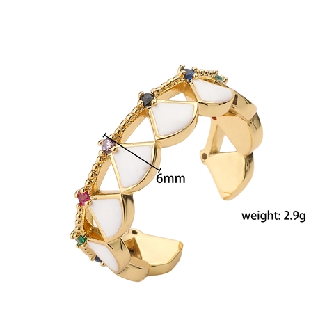 Vintage Elegant Copper Scallop Open Ring For Women Colorful Rhinestone Enamel Shell Finger Ring INS Style Commuter Jewelry Accessory