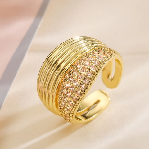 Wide Open Ring Copper 18K Gold Plated Zircon Wavy Texture Asymmetric Micro Pave Vintage Punk Fashion Jewelry For Women