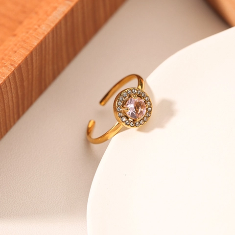 Round Pink Zircon Halo Open Ring 18K Gold Plated Stainless Steel Adjustable Trendy Minimalist Jewelry For Women