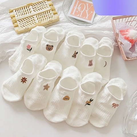 Women Cotton No Show Socks Anti Slip Thin Breathable Japanese Style Cartoon Embroidery Low Cut Invisible Hosiery