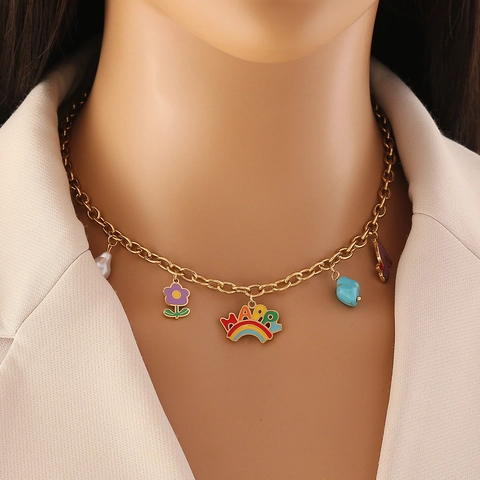 Stainless Steel Gold Plated Necklace Bracelet Earrings Cute Rainbow Happy Flower Enamel Charms Fashion Jewelry For Women