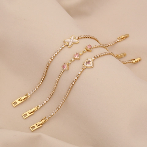 Elegant Gold Plated Copper Bracelet With Heart Zircon And Mother Of Artificial Pearl Flower Tennis Chain Jewelry For Women