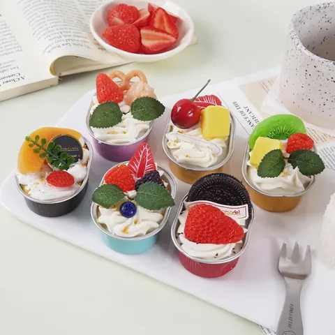 Realistic Simulation Cake Food Models Artificial Foil Cup Desserts With Fake Fruits Ornament For Photography Props Home