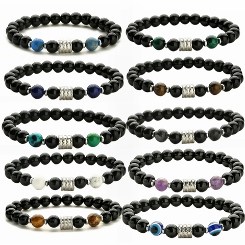Stainless Steel Natural Stone Beaded Bracelet For Men Women Handmade Elastic Agate Tiger Eye Lava Rock Charm Fashion Jewelry