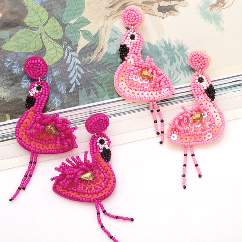 Flamingo Handmade Bead Sequin Drop Earrings With Copper Earring Post Bohemian Rhinestone Animal Jewelry For Women