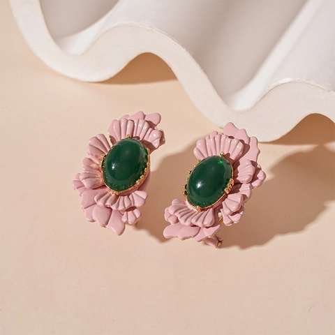 Vintage Blütenblatt Ohrstecker Glasperle Legierung Silberner Ohrringstecker Rosa Grüner Blumenschmuck Für Damen