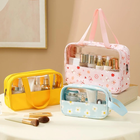 Borsa Da Trucco Trasparente Impermeabile PVC Organizzatore Viaggio Portatile Grande Capacità Stampa Floreale Pochette Portaoggetti