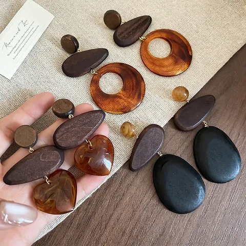 Pendientes Colgantes Geométricos Vintage Con Madera Resina Y Poste De Plata De Ley 925 Joyas Étnicas Hechas A Mano Mujer