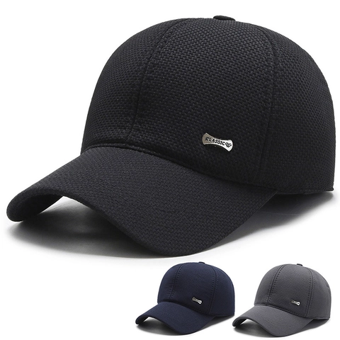 Men Winter Baseball Cap With Ear Flaps Warm Knitted Honeycomb Texture Adjustable Solid Color Classic Metal Tag