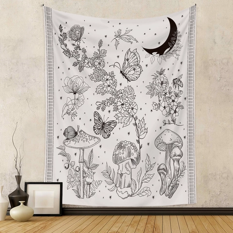 Schmetterling Motte Pilz Wandteppich Vintage Mystisch Mond Sterne Rose Boho Wandbehang Heimdekoration Polyester Ästhetik