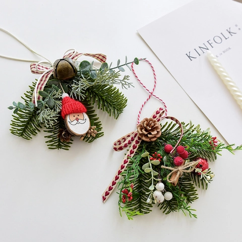 Christmas Hanging Ornaments Santa Claus Wood Slice Artificial Pine Needles Pine Cone Bell Berry Ribbon Rustic Xmas