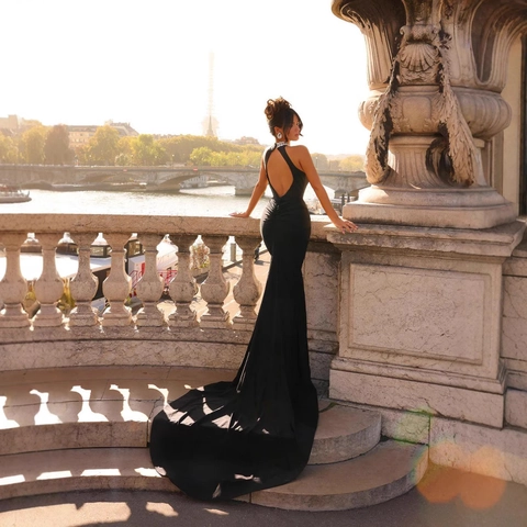 Halter Mermaid Evening Gown Backless Maxi Dress Rhinestone Artificial Pearl Embellished Elegant High End Women Formal Party Wear
