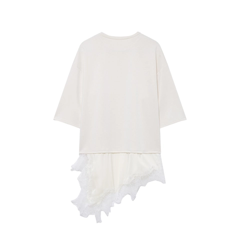 Women Lace Patchwork Satin Asymmetrical Hem T-Shirt Short Sleeve Round Neck Casual Polyester Top
