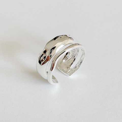 925 Sterling Silber Unregelmäßiger Zweischichtiger Verstellbarer Offener Ring Minimalistisches Texturiertes Design