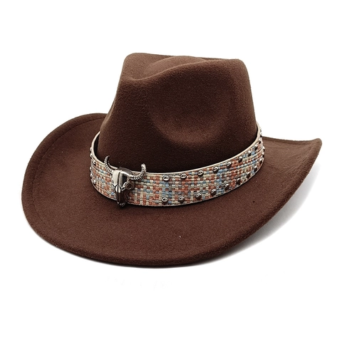 Cappello Da Cowboy Western In Feltro Di Lana Decorazione Teschio Di Toro In Metallo Cintura Intrecciata Borchie Fedora Etnico
