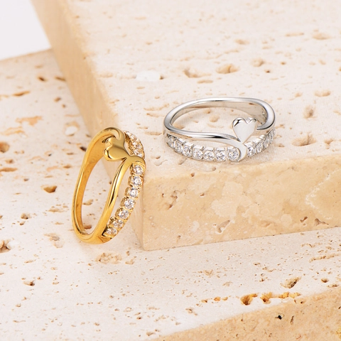 Heart Shape Ring Double Layer Stainless Steel Pave Zircon Elegant Gold Plated Fashion Jewelry For Women