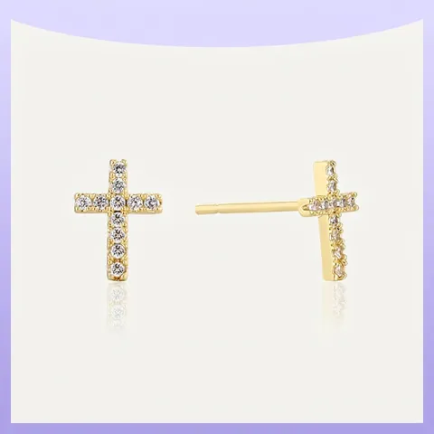 Boucles d'Oreilles Clous Croix Vintage Zirconia Incrusté Tige Argent Sterling 925 Cuivre Or Argent Plaqué Bijoux Femme