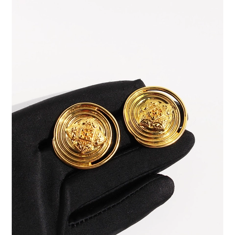 Vintage Gold Plated Copper Round Button Stud Earrings For Women Exaggerated Geometric Relief Earrings With 925 Silver Post