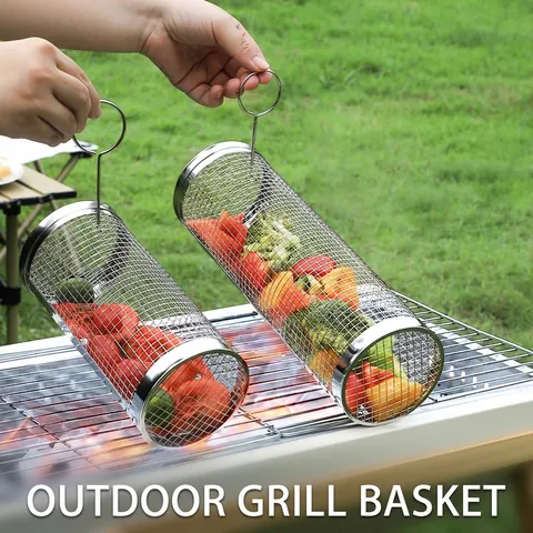 Stainless Steel Rolling Grill Basket Cylindrical Mesh Round Outdoor BBQ Picnic Camping Portable Cooking Tool