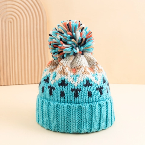 Bonnet en Maille Chaud d'Hiver pour Femmes Avec Pompon Coloré Motif Géométrique Jacquard Acrylique Bonnet de Mode Plein Air