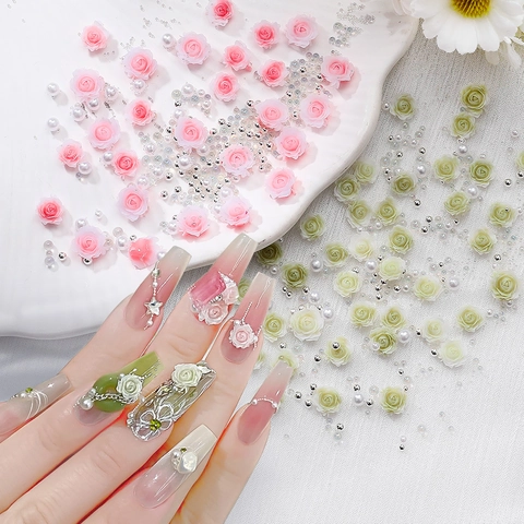Decoraciones De Arte De Uñas De Flores De Rosa 3D Amuletos Florales De Resina Mezclada Con Perlas Artificiales Falsas Diamantes De Imitación DIY