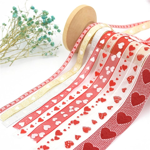 Heart Print Decorative Ribbons Polyester Sheer Gauze For Valentines Day Wedding Gift Wrap DIY Crafts Red White