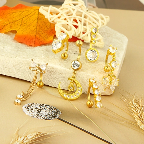 Piercing Ombelico In Acciaio Inossidabile Placcato Oro Zirconia Cuore Stella Luna Pendente Gioielli Per Il Corpo Per Donne