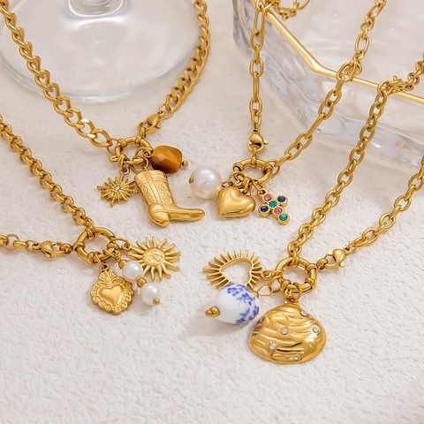 18K Vergoldete Edelstahl Halskette Für Damen Multi Anhänger Herz Künstliche Perle Stern Anhänger Wasserdicht Hypoallergen Schmuck