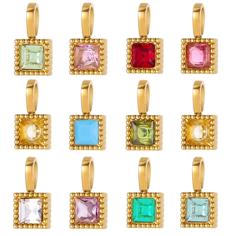 Vierkante Zirkon Hanger 18K Verguld Roestvrij Staal Kralenrand Kleurrijke Geboortesteen Bedels Sieraden Maken DIY Ketting