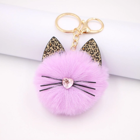 Portachiavi Pompon Gatto Orecchie Maculate Pelliccia Sintetica Ciondolo Per Borsa Cuore Strass Lega