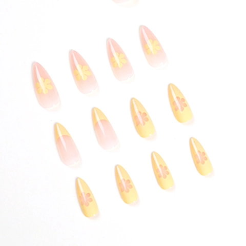 Uñas Postizas A Presión Estilo Francés Amarillo Claro Floral Forma De Almendra Largas Degradado Para Mujeres