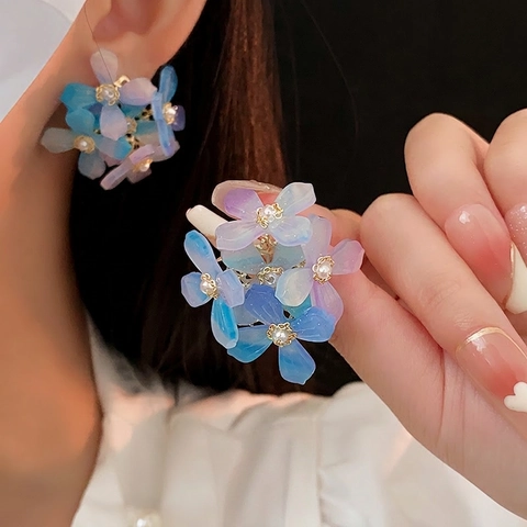 Pendientes De Flores Acrílico Perla Artificial De Imitación Con Poste De Plata De Ley 925 Aleación Degradado Azul Púrpura Moda Mujer