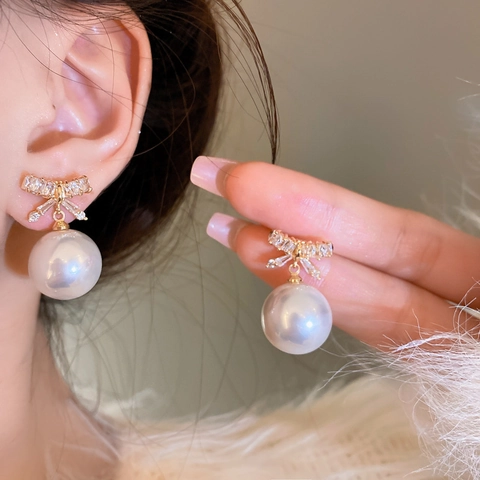 Pendientes Elegantes Con Lazo Y Perlas Artificiales Con Poste De Plata Circonita Chapado En Oro Joyería Para Mujer